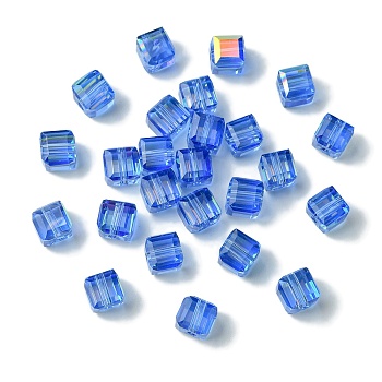 100Pcs Transparent Electroplate Glass Beads, AB Color Plated, Faceted, Cube, Royal Blue, 7x7x7mm, Hole: 1.6mm