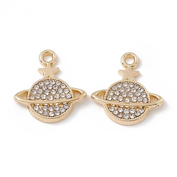 Alloy Rhinestone Pendants, Planet with Star Charm, Golden, Crystal, 18x16.5x2.5mm, Hole: 1.8mm