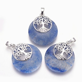 Natural Blue Spot Jasper Pendants, with Platinum Tone Brass Findings, Flat Round with Tree of Life, 32.5~33x27.5~28x5~6mm, Hole: 5x7mm