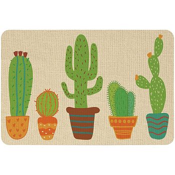 Linen and Rubber Ground Mat, Rectangle, Wheat, Cactus Pattern, 40x60cm