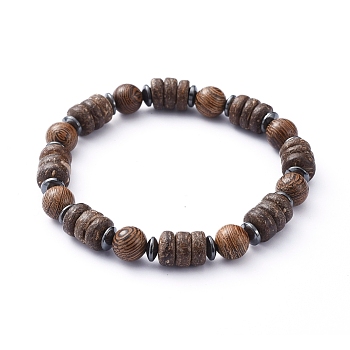 Stretch Bracelets, with Natural Wood Beads and Non-Magnetic Synthetic Hematite Beads, Coconut Brown, Inner Diameter: 2-1/8 inch(5.5cm)
