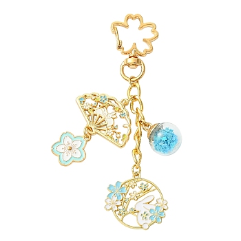 Flower Alloy Enamel & Glass Pendant Decorations, with Alloy Swivel Clasps, Light Blue, 114mm