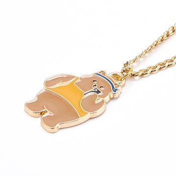 Alloy Enamel Pendant Necklaces, with 304 Stainless Steel Curb Chains, Bear, Golden, Camel, 24.01 inch(61cm)