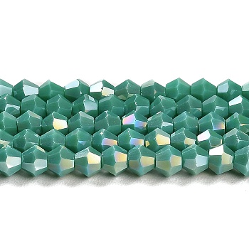 Opaque Solid Color Electroplate Glass Beads Strands, AB Color Plated, Faceted, Bicone, Light Sea Green, 4x4mm, Hole: 0.8mm, about 82~85pcs/strand, 12.01~12.2 inch(30.5~31cm)