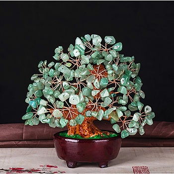 Undyed Natural Green Aventurine Chips Tree of Life Display Decorations, with Resin Base, Copper Wire Wrapped Feng Shui Ornament for Fortune, 180x90~180x73mm