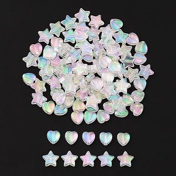 100Pcs 2 Style Eco-Friendly Transparent Acrylic Beads, Heart/Star, Dyed, AB Color, Clear AB, 8~10x8~10x3~4mm, Hole: 1.5mm, 50pcs/style