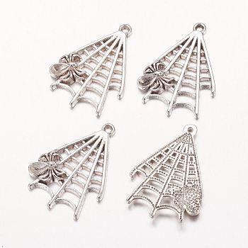 Halloween Jewelry Alloy Pendants, Spider in Web, Cadmium Free & Nickel Free & Lead Free, Antique Silver, 32x23x3.5mm, Hole: 1.5mm