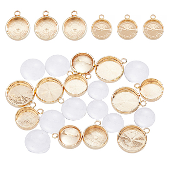 DIY Blank Dome Pendant Making Kits, Including Brass Flat Round Pendant Cabochon Settings, Glass Cabochons, Real 18K Gold Plated, 24Pcs/box