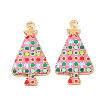 Christmas Theme Rack Plating Alloy Pendants, with Enamel, Golden, Christmas Trees Charm, Pink, 31x17x1.5mm, Hole: 1.8mm