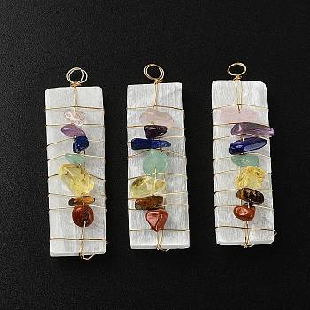 Chakra Jewelry, Natural Selenite Home Decorations, with Brass Wire Wrapped and Natural Gemstone Chip Beads, Rectangle, 45~60x17~20x4~7mm, Beads: 6~12x2~6mm