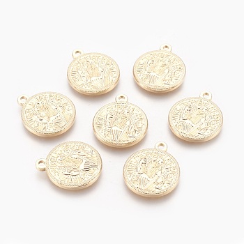 Brass Pendants, Flat Round with Saint Benedict Medal, Real 18K Gold Plated, 21.5x18x2mm, Hole: 2mm
