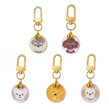 Alloy Enamel Pendant Decoraiton, with Brass Bell Charms and Zinc Alloy Swivel Clasps, Flat Round with Dog, Mixed Color, 63mm, 5pcs/set