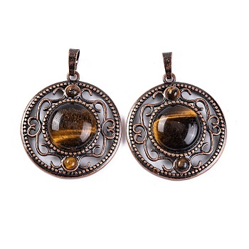 Natural Tiger Eye Pendants, Rack Plating Brass Hollow Flat Round Charms, Cadmium Free & Lead Free, Red Copper, 36.5x33x9.5mm, Hole: 7.5x5mm