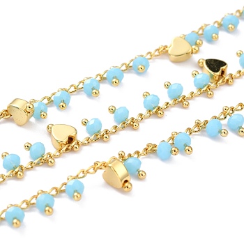 Handmade Glass Beaded Chains, with Golden Brass Finding & Heart Beads, Soldered, with Spool, Long-Lasting Plated, Faceted Round, Light Sky Blue, 2.5x1.5x0.5mm, 32.8 Feet(10m)/roll