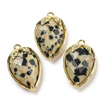 Natural Dalmatian Jasper Faceted Pendants, Rack Plating Brass Strawberry Charms, Golden, 18x11x5~5.5mm, Hole: 1.2mm