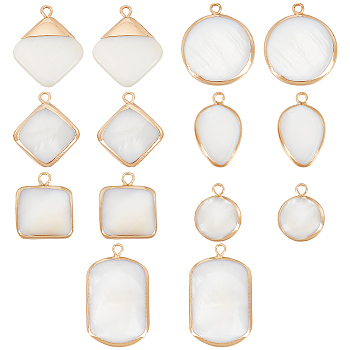 14Pcs 7 Styles Natural Freshwater Shell Pendants, with Brass Findings, Rhombus & Square & Flat Round, Mixed Shapes, Golden, 16~29x13~17x4~5mm, Hole: 2mm, 2pcs/style