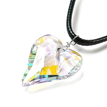 Waxed Cord Necklaces, K9 Glass Pendant Necklaces, Heart, Clear AB, 17.91 inch(45.5cm)