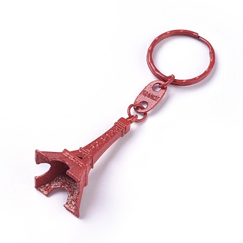 Alloy Keychain, with Iron Ring, Eiffel Tower, Dark Red, 98mm