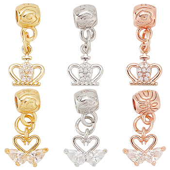 6Pcs 6 Style Rack Plating Brass Micro Pave Clear Cubic Zirconia Pendants, Long-Lasting Plated, Cadmium Free & Lead Free, Swan & Crown, Mixed Color, 20mm, Hole: 2.5mm, 1pc/style