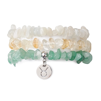 3Pcs 3 Styles Natural White Moonstone & Citrine & Green Aventurine Chips Stretch Bracelets Sets, Stackbale Bracelets with 304 Stainless Steel Charms, Taurus, Inner Diameter: 2-1/8 inch(5.5cm), 1Pc/style