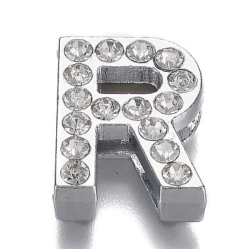 Alloy Letter Slide Charms, with Crystal Rhinestone, Cadmium Free & Lead Free, Platinum, Letter.R, 20x15.5x7mm, Hole: 2.5x18mm