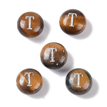 Natural Tiger Eye Beads, Rondelle with Letter, Letter T, 8.5~9x5~5.5mm, Hole: 1.2mm