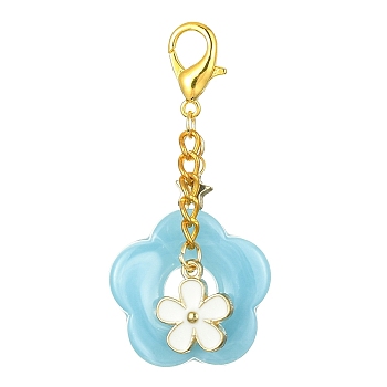 Acrylic Flower Pendants Decorations, Alloy Enamel and Alloy Lobster Claw Clasps Charms, Light Sky Blue, 356mm