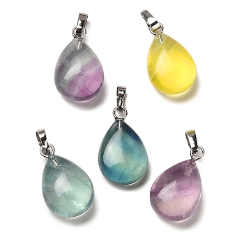 Natural Fluorite Pendants, with Brass Finding, Teardrop, Platinum, 19.5x12x8mm, Hole: 4x6mm