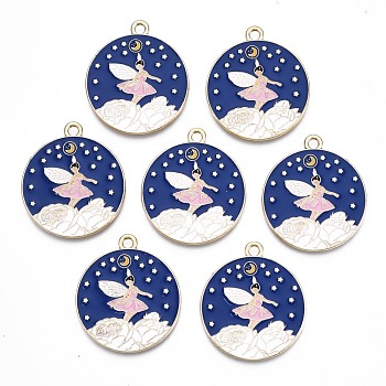 Rack Plating Alloy Enamel Pendants, Cadmium Free & Nickel Free & Lead Free, Light Gold, Flat Round with Elves, Dark Blue, 30.5x27x1.5mm, Hole: 2mm