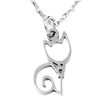 201 Stainless Steel Kitten Pendants Necklaces, with Cable Chains and Lobster Claw Clasps, Hollow Cat, Stainless Steel Color, 15-3/4 inch(40cm), 1.5mm