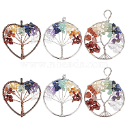 6Pcs 3 Styles 7 Chakra Tree of Life Gemstone Big Pendants, Flat Round & Heart Charms, with Brass Findings, Mixed Shapes, Mixed Color, 53~65x49~52x7~10mm, Hole: 5.5~10mm, 2pcs/style(G-SC0002-36)