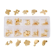 20Pcs 10 Style 201 Stainless Steel Stud Earring Findings, with Horizontal Loops & 304 Stainless Steel Pins and Ear Nut, Oval & Fish & Heart & Flower & Cross & Butterfly & Dolphin Charms, Real 24K Gold Plated, 8~13.5x6~12mm, Hole: 1~1.6mm, Pin: 0.8mm, 2Pcs/style(STAS-YW0001-70G)