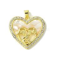Mother's Day Real 18K Gold Plated Brass Micro Pave Clear Cubic Zirconia Pendants, with Shell, Real 18K Gold Plated, Heart, 25x27x4mm, Hole: 3.5x4.5mm(KK-H472-13G-04)