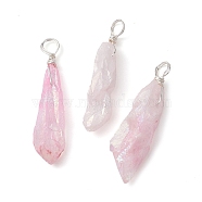 Electroplated Natural Quartz Crystal Dyed Pendants, Teardrop Charms with Silver Color Plated Copper Wire Loops, Pink, 30~38x9.5~15x7~11mm, Hole: 4mm(PALLOY-JF02324-07)