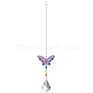 Metal Animal Hanging Ornaments, Teardrop & Rainbow Color Glass Suncatchers for Home Outdoor Decoration, Butterfly, 365x65mm(PW-WG55138-08)