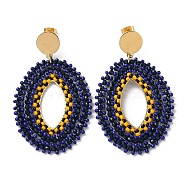 Woven Glass Beaded Oval Dangle Stud Earrings, with Vacuum Plating 304 Stainless Steel Pins, Midnight Blue, 65x40mm(EJEW-A105-06G)