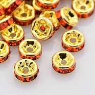 Brass Rhinestone Spacer Beads, Grade A, Straight Flange, Golden Metal Color, Rondelle, Hyacinth, 8x3.8mm, Hole: 1.5mm(RB-A014-Z8mm-20G)
