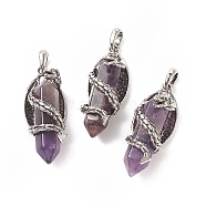 Natural Amethyst Pointed Pendants, Faceted Bullet Charms with Antique Silver Tone Alloy Dragon Wrapped, 47.5x19x18.5mm, Hole: 7.5x6mm(G-C051-01I)