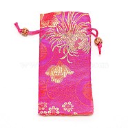 Polyester Pouches, Drawstring Bag, with Wood Beads, Rectangle with Floral Pattern, Hot Pink, 16~17x7.8~8x0.35cm(ABAG-WH0028-10G)