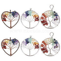 6Pcs 3 Styles 7 Chakra Tree of Life Gemstone Big Pendants, Flat Round & Heart Charms, with Brass Findings, Mixed Shapes, Mixed Color, 53~65x49~52x7~10mm, Hole: 5.5~10mm, 2pcs/style(G-SC0002-36)