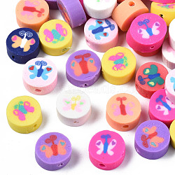 Handmade Polymer Clay Beads, Flat Round with Butterfly, Mixed Color, 9~10x4~5mm, Hole: 1.6mm(X-CLAY-N006-48)