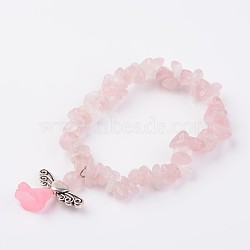 Natural Rose Quartz Stretch Bracelets, with Angel Alloy Beads, Antique Silver, 2 inch(50mm)(BJEW-JB02527-01)