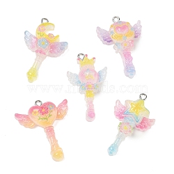 Transparent Resin with Alloy Pendants, Magic Wand Charms, Platinum, Mixed Color, 32.5~36.5x20~27x8~9mm, Hole: 2mm(RE-CBA14F0-03)