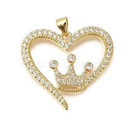 Rack Plating Brass Micro Pave Cubic Zirconia Pendants, Long-Lasting Plated, Lead Free & Cadmium Free, Heart Charms, Real 18K Gold Plated, 26.5x29x2mm, Hole: 4x3mm(ZIRC-F142-03G-02)