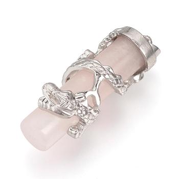 Natural Rose Quartz Pendants, with Alloy Findings, Antique Silver, Column with Dragon, 39~41x14mm, Hole: 3x4mm