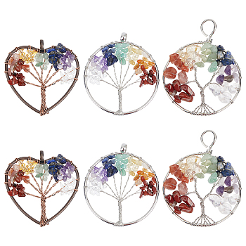 6Pcs 3 Styles 7 Chakra Tree of Life Gemstone Big Pendants, Flat Round & Heart Charms, with Brass Findings, Mixed Shapes, Mixed Color, 53~65x49~52x7~10mm, Hole: 5.5~10mm, 2pcs/style