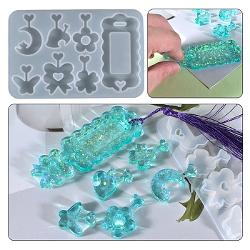 DIY Pendant Silicone Molds, Resin Casting Molds, For UV Resin, Epoxy Resin Jewelry Making, Moon & Flower & Butterfly & Heart & Rectangle, White, 122x80x7mm, Inner Diametr: 24~71x18~33mm