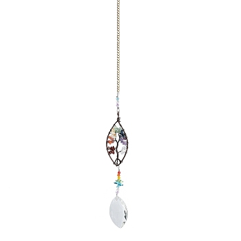 Glass Leaf Pendant Decoration, Hanging Suncatchers, with Tree of Life Natural Gemstone Chip for Home Garden Decoration, Leaf, 288mm