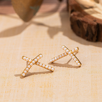 Elegant Crossed Brass & Imitation Pearl Stud Earrings for Women, Golden, 8x15mm