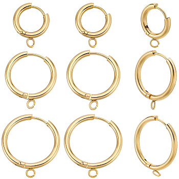 12Pcs 3 Style 201 Stainless Steel Huggie Hoop Earring Findings, with Horizontal Loop and 316 Surgical Stainless Steel Pin, Real 24K Gold Plated, 18~29x15~26x2.5mm, Hole: 2.5mm, Pin: 1mm, 4pcs/style